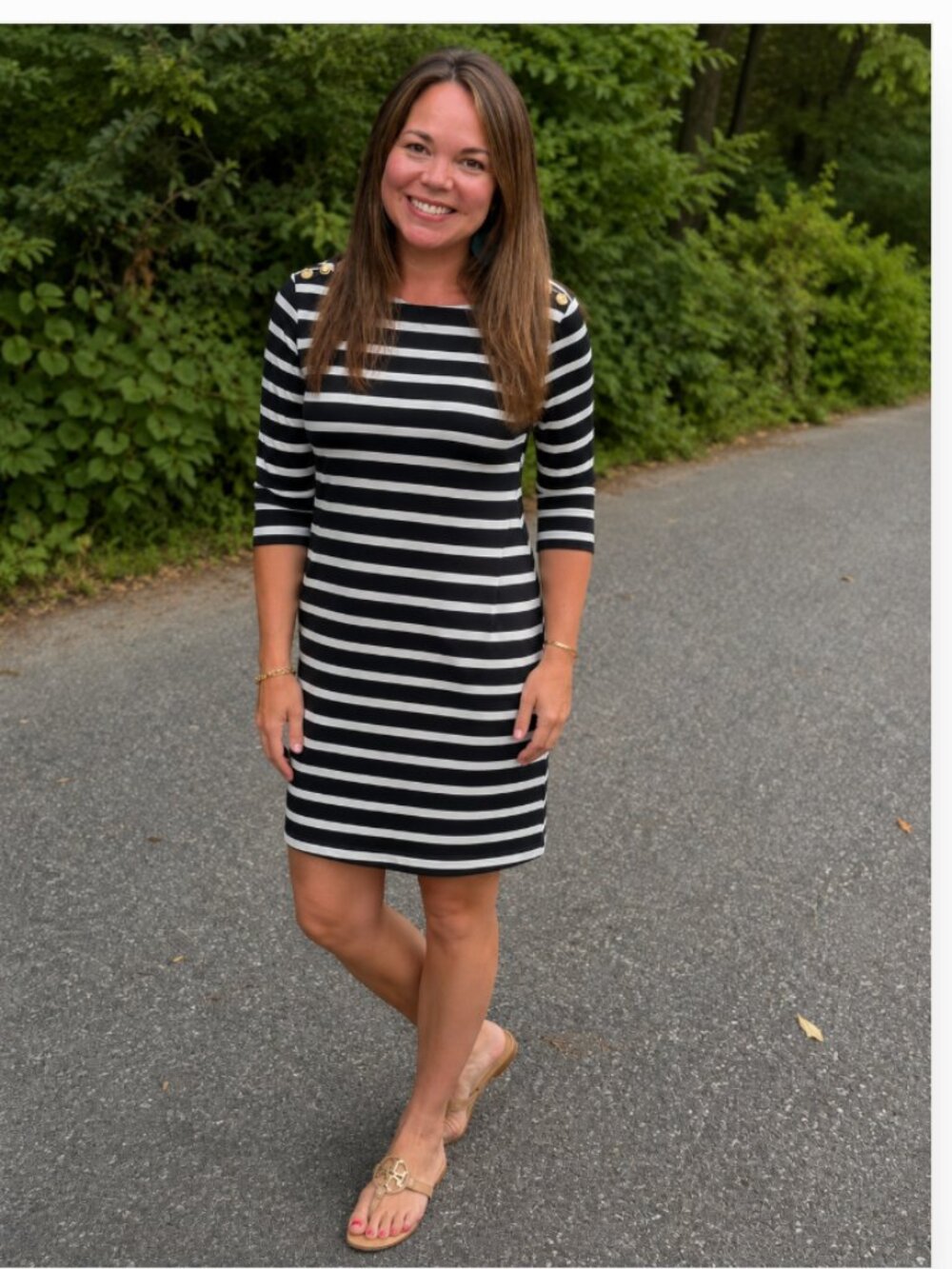 Lauren Ralph Lauren Striped Jersey Dress Large Black White Nautical Gold Button